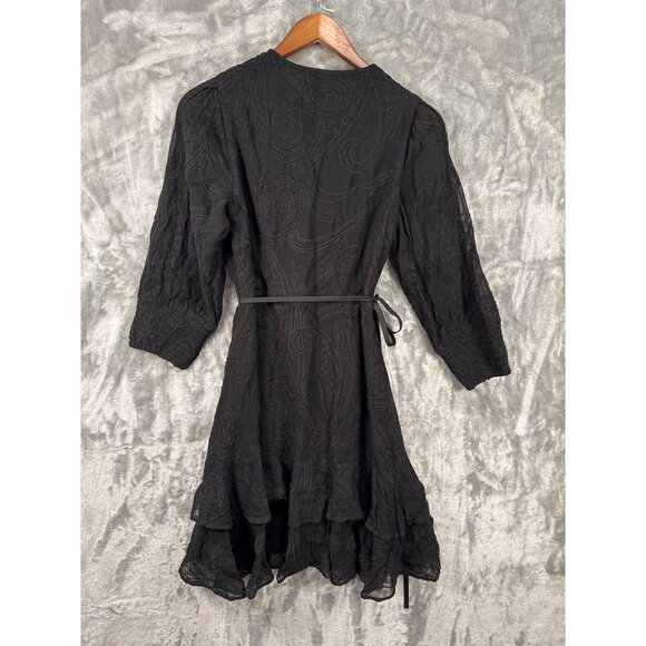 AllSaints Black Viscose Wrap Dress With Puff Sleeves Sz 4 - Picture 5 of 8